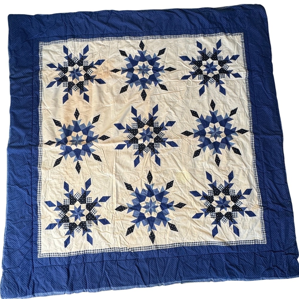 Vintage 1980s-90s Feathered Star Quilt‎ 80x80 + 2 Shams Navy Blue Gingham Keeco